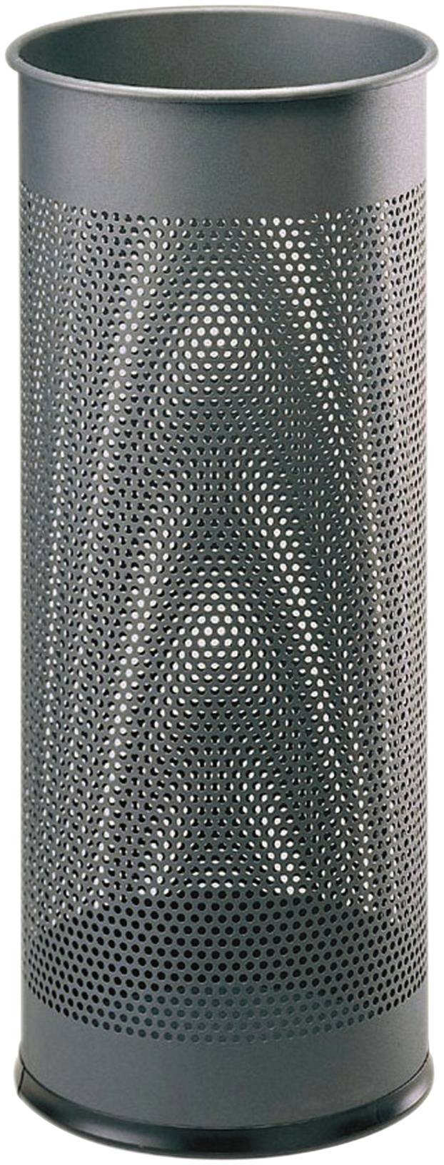 Silver, cylindrical metal wastepaper bin with perforated surface for ventilation. Suitable for office or home use.