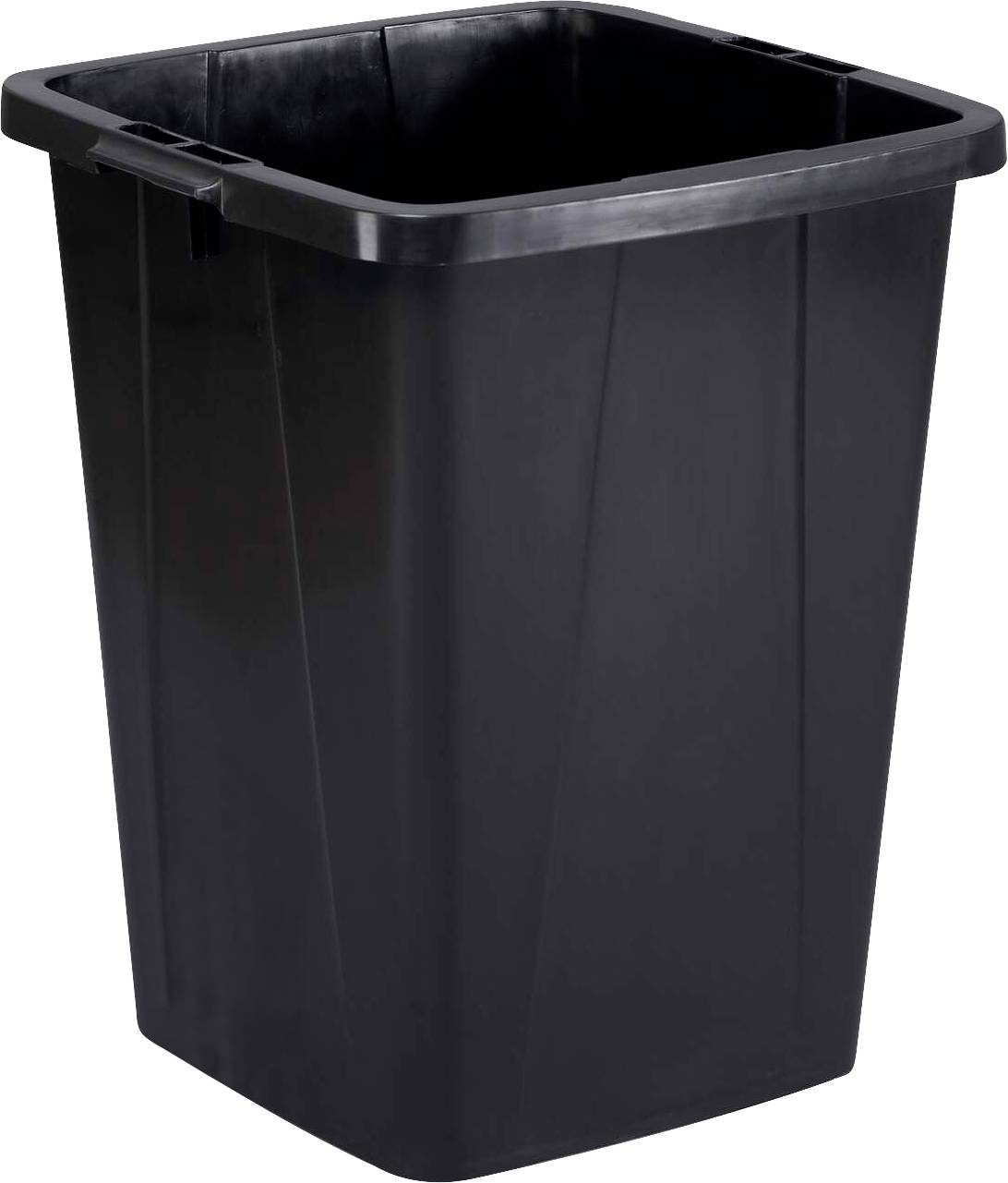 Black plastic waste bin, rectangular in shape, suitable for indoor use.