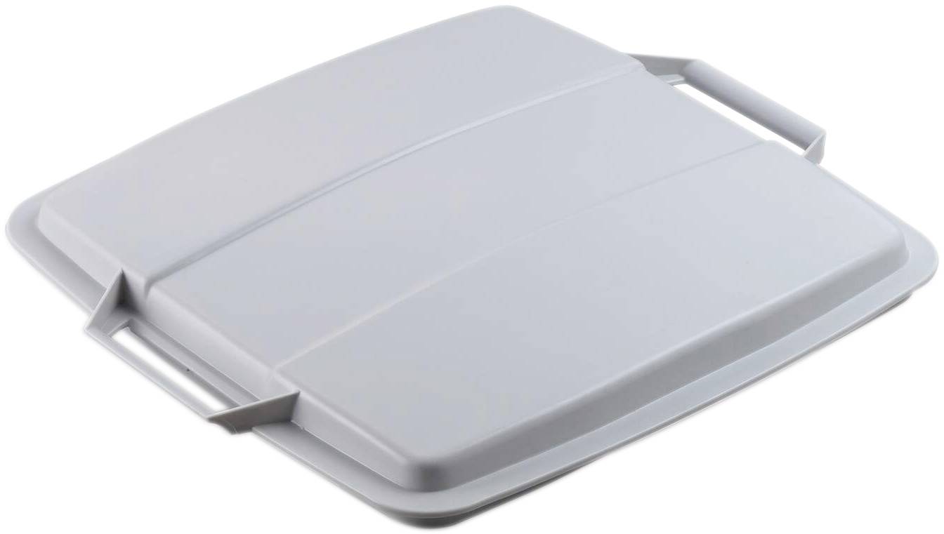 A rectangular, grey plastic lid with handles on both sides.