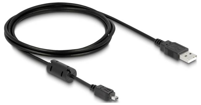 A black USB cable with a standard USB plug at one end and a mini-USB plug at the other end, coiled up.