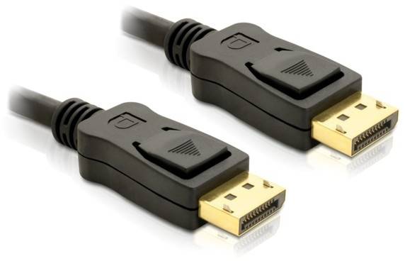 Two black DisplayPort cables with gold-plated connectors, used for transmitting audio and video signals between devices.