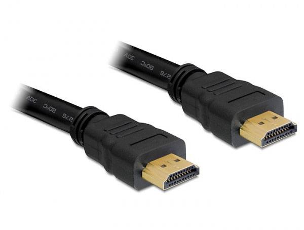 A black HDMI cable with two plugs. It transmits digital audio and video signals between devices such as televisions and computers.