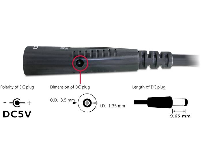 Plug-in power supply with DC5V connection, showing polarity, outer diameter (3.5 mm), inner diameter (1.35 mm) and plug length (9.65 mm).