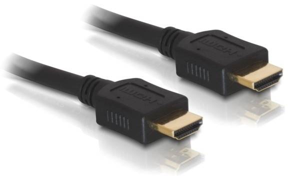 Two black HDMI cables with gold-plated connectors are lying side by side.