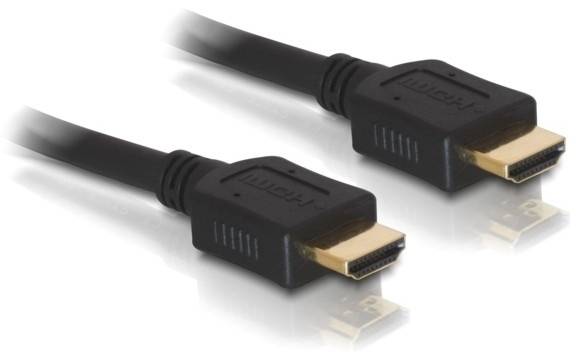 Black HDMI cable with two connectors, used for transmitting video and audio data between devices.