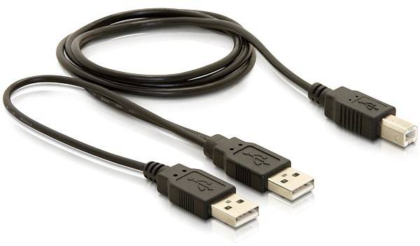 A black USB cable with two USB-A plugs at one end and a USB-B plug at the other end.