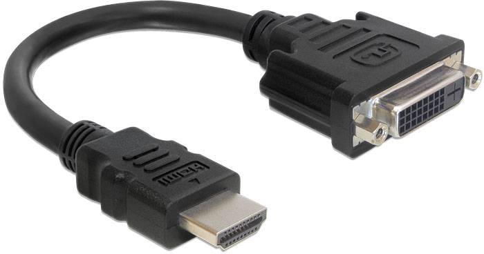 Black cable with HDMI plug on the left side and DVI plug on the right side; used for connecting devices.