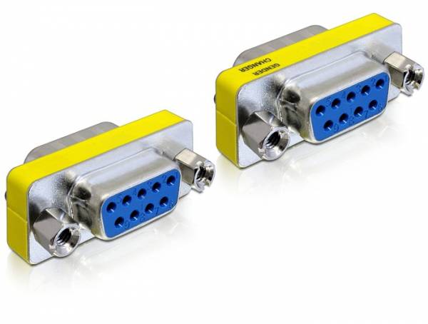 Two female 9-pin D-sub connectors with yellow housing, used for connecting computer components.