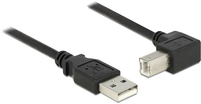 A black USB cable with a USB Type-A plug on the left and a USB Type-B plug on the right, suitable for printer connections.