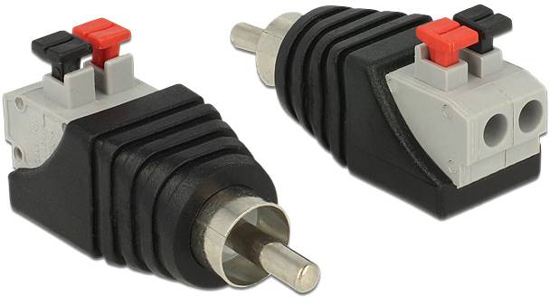 Two phono plugs with black casings. One shows the plug tip, the other the connection with red and black terminals.