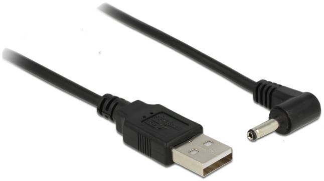 A USB to DC power cable with a rectangular USB plug on the left side and a round DC plug on the right side.