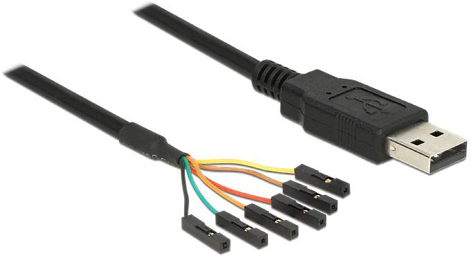 USB plug with six colourful connecting wires.