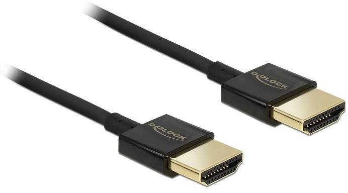 Two black HDMI cables with gold-plated connectors from Delock, lying parallel to each other.