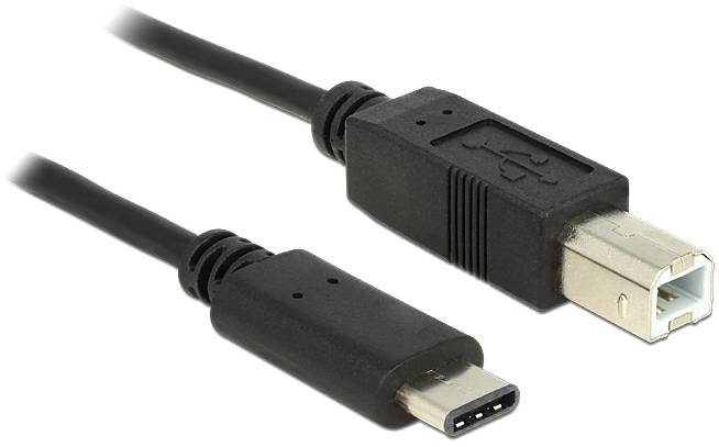 A USB-C to USB-B cable shows two plug types: USB-C on the left, USB-B on the right. Ideal for connecting devices with different ports.