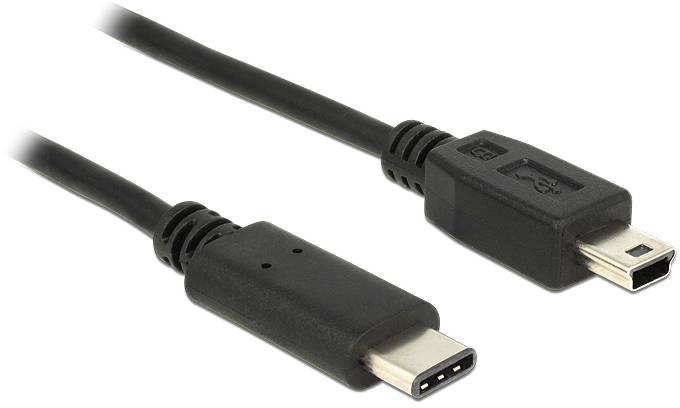 USB cable with two different plug types: on the left a USB-C plug and on the right a Mini-USB plug, both in black.
