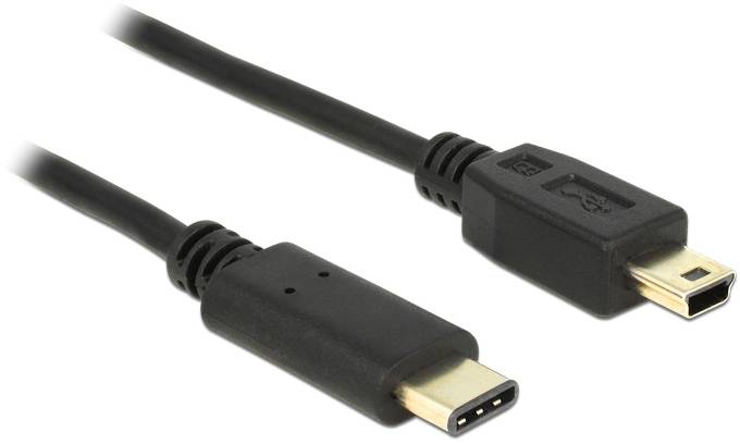 Two cable plugs: on the left, a USB-C plug, on the right, a Mini-USB plug. Both are black and have different shapes.