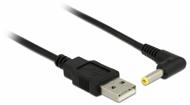 USB cable with a rectangular USB plug on one side and a round plug on the other side, for power transmission.