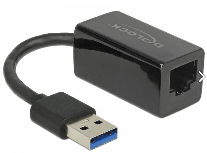 Black USB adapter with USB plug on one side and Ethernet socket on the other, suitable for network connections.