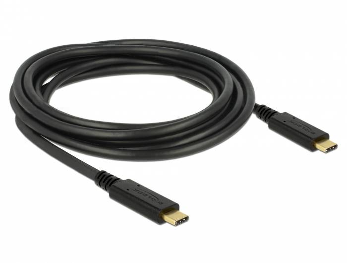 A black USB-C cable connecting electronic devices, with two identical plugs at its ends.