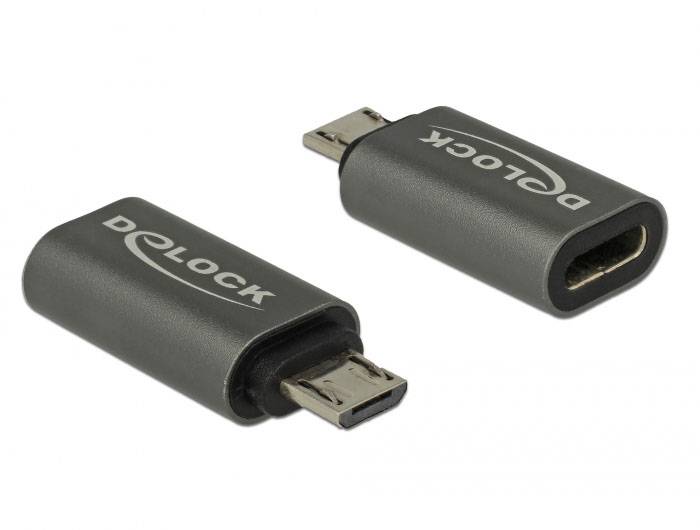 Two black adapters from DeLOCK with micro-USB plug and HDMI socket. Suitable for connecting between micro-USB and HDMI.