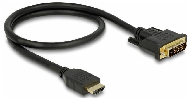 A black-sheathed HDMI to DVI cable used for connecting devices with different ports.