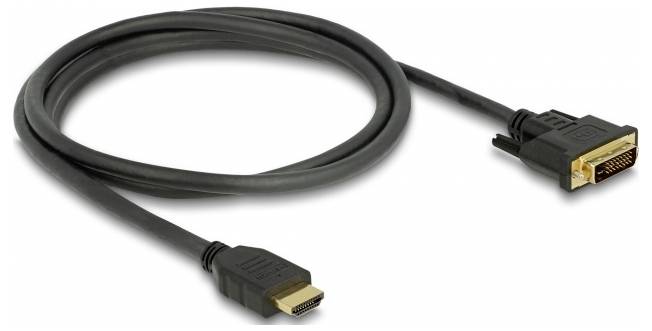 A black cable with an HDMI plug on one end and a DVI plug on the other, for connecting video sources.