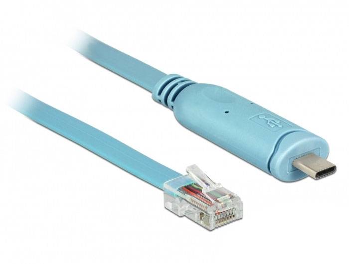 Blue USB-C to Ethernet cable, showing left Ethernet connector and right USB-C connector.