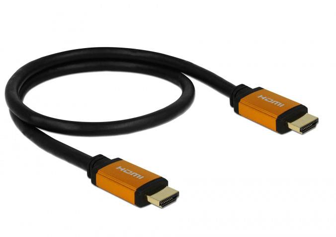 An HDMI cable with orange connectors and a black cable, suitable for transmitting audio and video signals between devices.