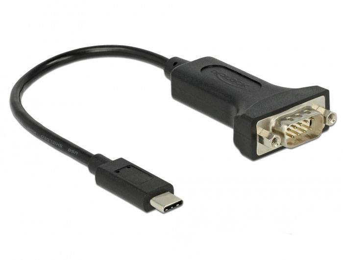 A black USB-C to VGA adaptor cable with connection plugs at both ends, suitable for connecting older displays to modern devices.