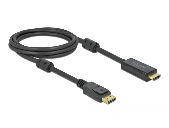 A black cable with a DisplayPort plug on one side and an HDMI plug on the other.