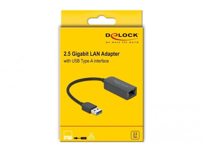 Yellow packaging of a '2.5 Gigabit LAN Adapter' by Delock, with USB Type-A connection. Image shows the product and relevant symbols.