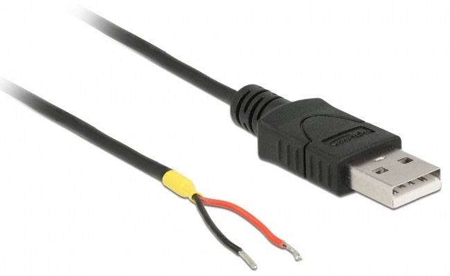 USB cable with open end: Black USB plug and two stripped wires - red and black. Suitable for DIY projects or repairs.