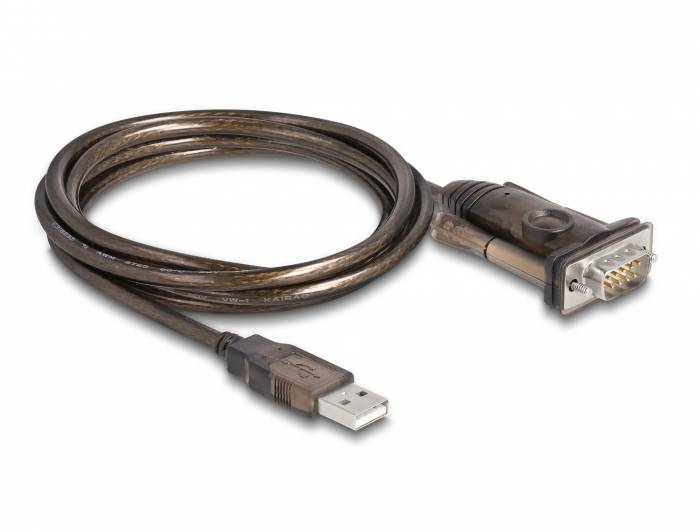 A USB-to-Serial cable with a USB connector on one end and a 9-pin RS232 plug on the other end.