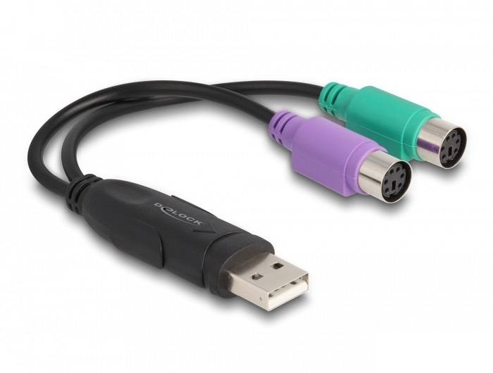 An adapter cable with a USB connection on one side and two PS/2 plugs in purple and green on the other side.