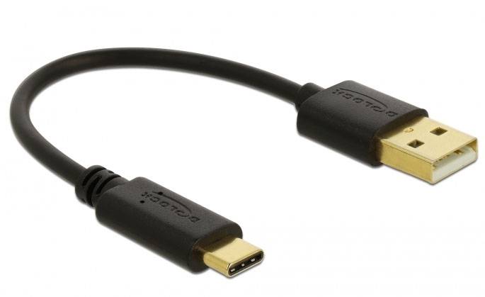 USB cable with black connectors: USB-C on the left, USB-A on the right. Cable connects devices for charging or data transfer.