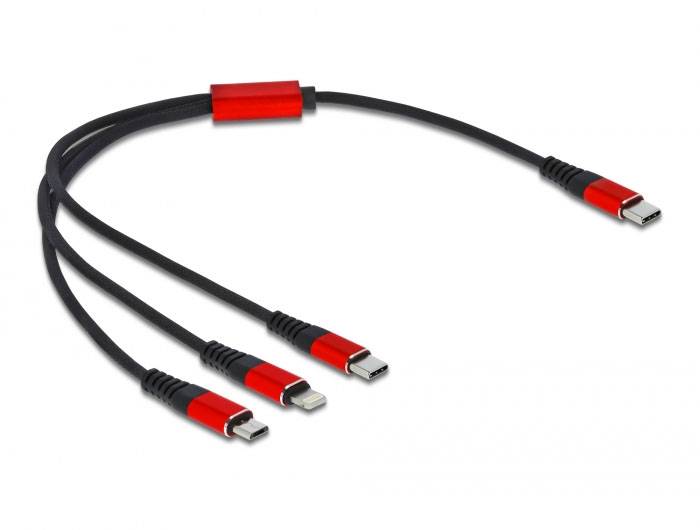 A cable with a USB port that branches into four different connectors, suitable for charging multiple devices simultaneously.