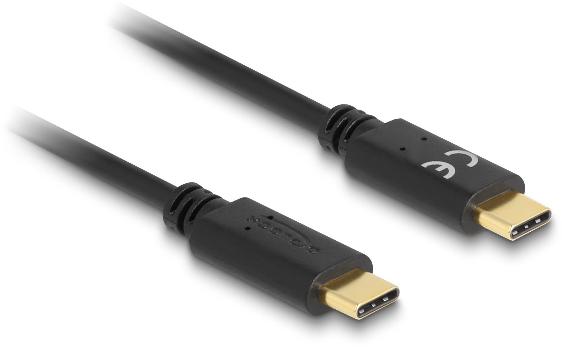 Two black USB-C cables with gold connectors pointing in different directions. Perfect for data transfer and charging.
