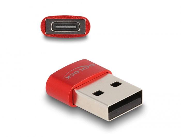 A red USB adapter with a USB-C port and a standard USB plug. The text 'Delock' is visible on the adapter.