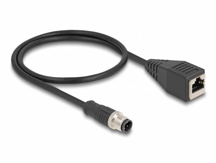 Black adapter cable with an M12 connector and an RJ45 plug, suitable for industrial network connections.