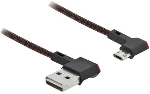 A braided USB charging cable with an angled USB-A and Micro-USB connector, suitable for enhanced durability and easy connection.