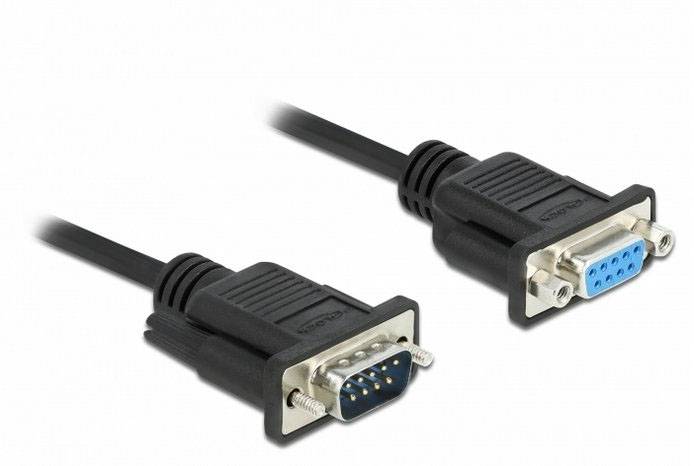 Black and grey serial cable with male and female connectors, used for data transmission between devices.
