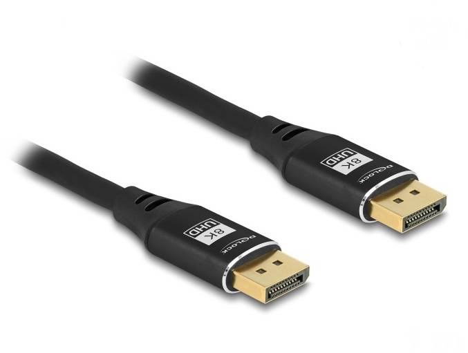 Two black DisplayPort cables with gold connectors, labelled '8K UHD' and 'Cablexpert', demonstrate connection options for high-resolution displays.