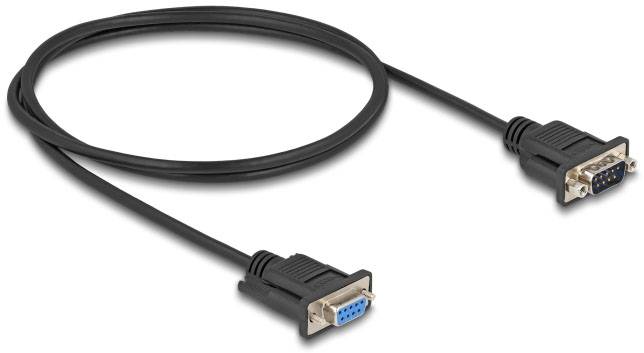 A black RS-232 serial cable with male and female connectors at each end. Used for data connections between devices.