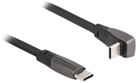 A black USB-C cable with one straight and one angled connector. Suitable for mobile devices and laptops.