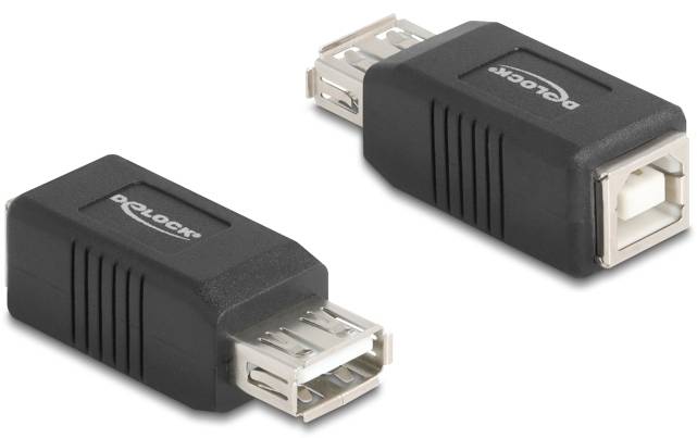 Two black USB adapters, each with a USB A socket on one side and a USB B socket on the other, are lying side by side.
