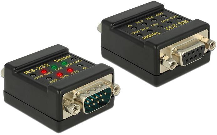Two RS-232 testers with LED indicators for signal function. Left: male plug; right: female plug. Three LEDs each at the top.