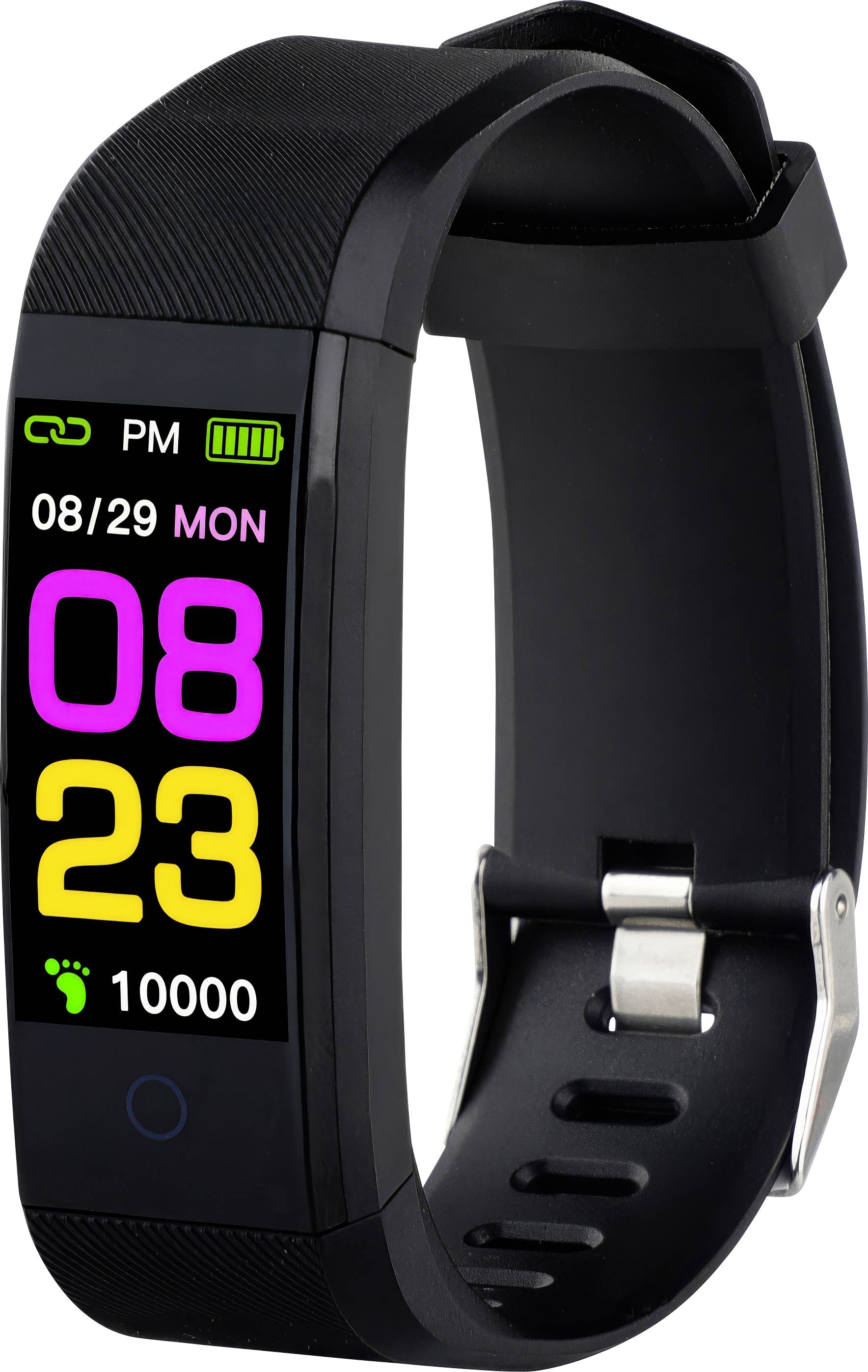 Ein schwarzes Fitness-Armband mit digitalem Display zeigt Datum '08/29 MON', Uhrzeit '08:23 PM', und Schritte '10000' an.