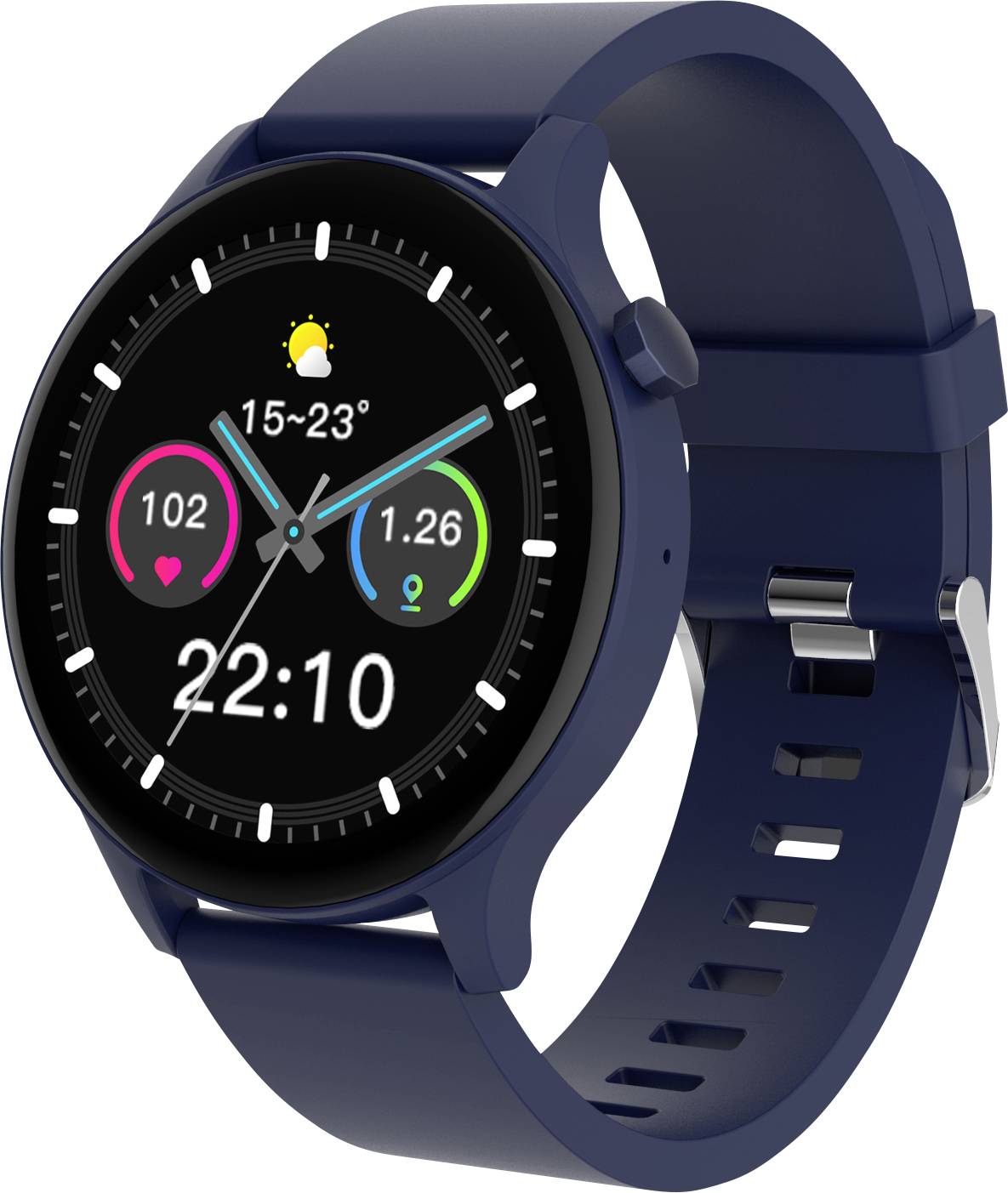 A blue smartwatch displays the dial showing the time as 22:10, heart rate of 102, and calories burned at 1.26 kcal.