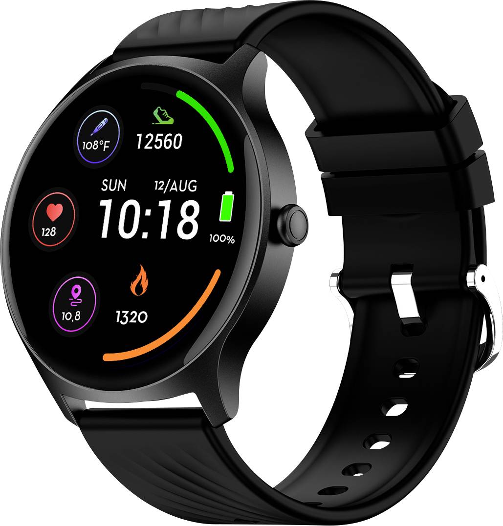 A black smartwatch displays the date, time, and fitness data: steps, heart rate, calorie burn, and battery level on the screen.