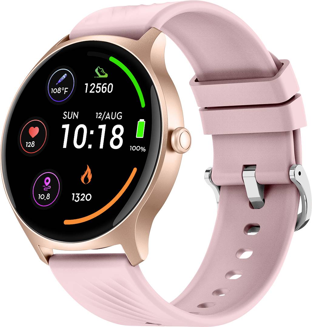 Rosa Smartwatch displays steps, heart rate, and calories burned on the display. Date and time are also visible.